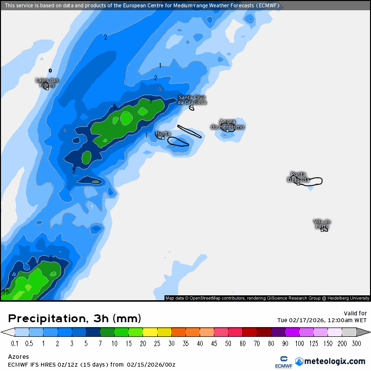 Carnaval molhado? O anticiclone não consegue bloquear as frentes Atlânticas (ainda) - previsão do tempo na terça, 17 de fevereiro de 2026 Evolução da precipitação nos Açores na terça-feira - ECMWF