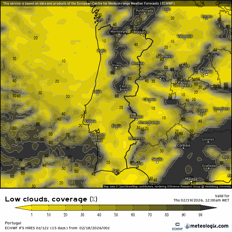 Evolução da nebulosidade prevista ao longo do dia