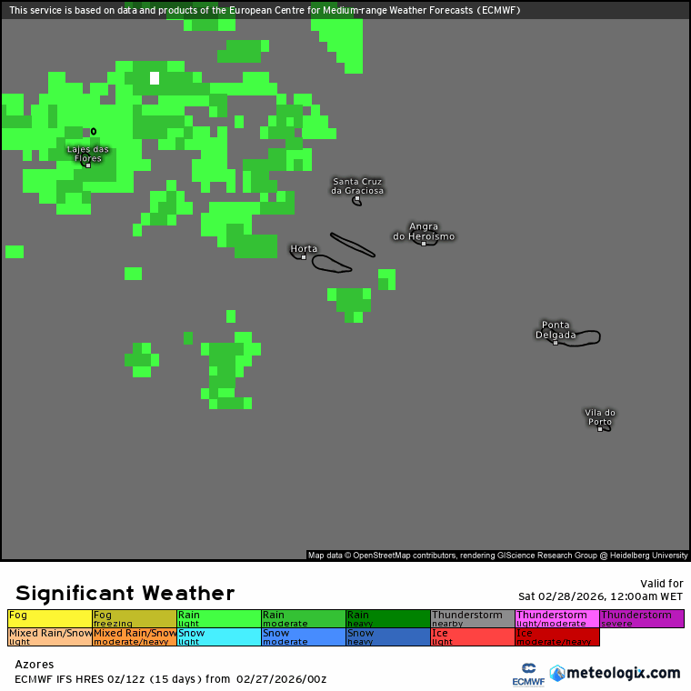 Evolução da chuva nos Açores ao longo de sábado - previsão ECMWF via Meteologix