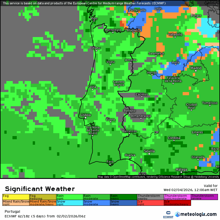 Depressão Atlântica traz vento forte a todo o país, chuva e um nevão nas montanhas - saiba as previsões do tempo em Portugal nos dias 3-4 de fevereiro Evolução da previsão de precipitação (a verde) segundo o ECMWF nesta quarta-feira