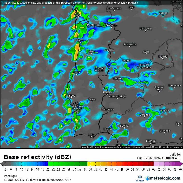 Depressão Atlântica traz vento forte a todo o país, chuva e um nevão nas montanhas - saiba as previsões do tempo em Portugal nos dias 3-4 de fevereiro Evolução da instabilidade nesta terça-feira - simulação de radar ECMWF