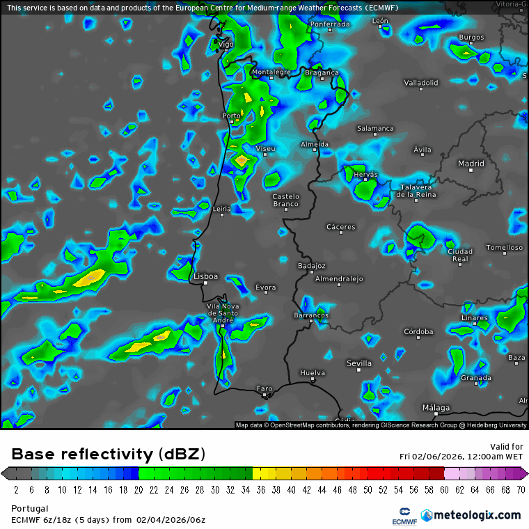 Trovoadas e forte nevão, com uma massa de ar polar a caminho (mais uma) - saiba a previsão do tempo na sexta, 6 de fevereiro Refletividade em radar - simulação da previsão ECMWF, indicando aguaceiros fortes