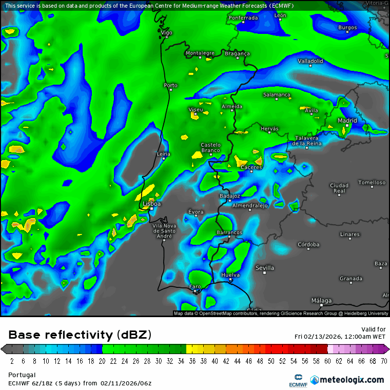 Mau tempo (outra vez): depressão traz chuva, neve, vento e trovoadas - saiba a previsão do tempo na sexta, 13 de fevereiro de 2026 Previsão de evolução da precipitação - simulação radar - ECMWF