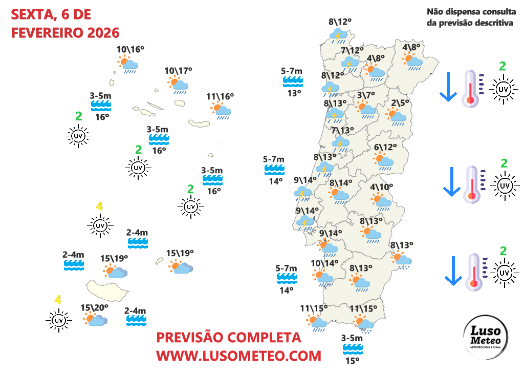 Trovoadas e forte nevão, com uma massa de ar polar a caminho (mais uma) - saiba a previsão do tempo na sexta, 6 de fevereiro Tempo na sexta, 6 de fevereiro de 2026
