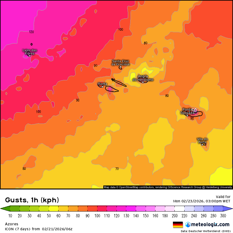 Forte depressão afetará os Açores no início da semana, com vento forte e ondas até 20 metros - em Portugal Continental deve trazer "chuva de lama" - saiba a previsão! Ao início da tarde de segunda pode dar-se o pico do vento máximo (rajadas), embora ele seja forte durante um largo período entre domingo e terça