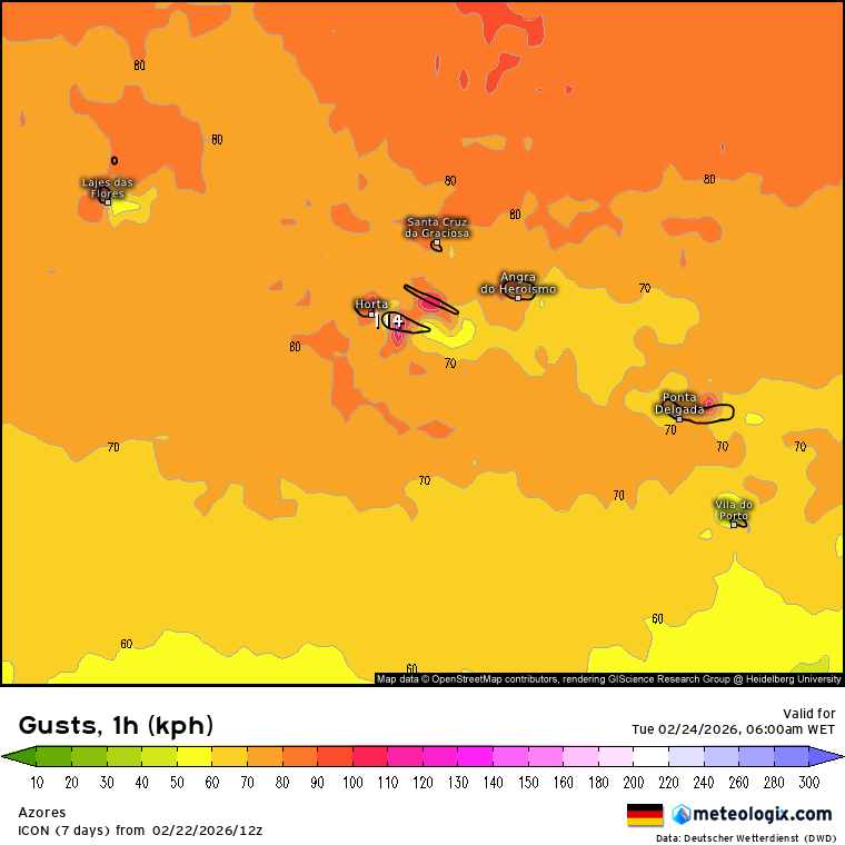 Mais nuvens e vento forte, além das poeiras - saiba como estará o tempo na terça, 24 de fevereiro de 2026 Vento forte, de Noroeste, na madrugada e manhã, especialmente - previsão ICON-DWD
