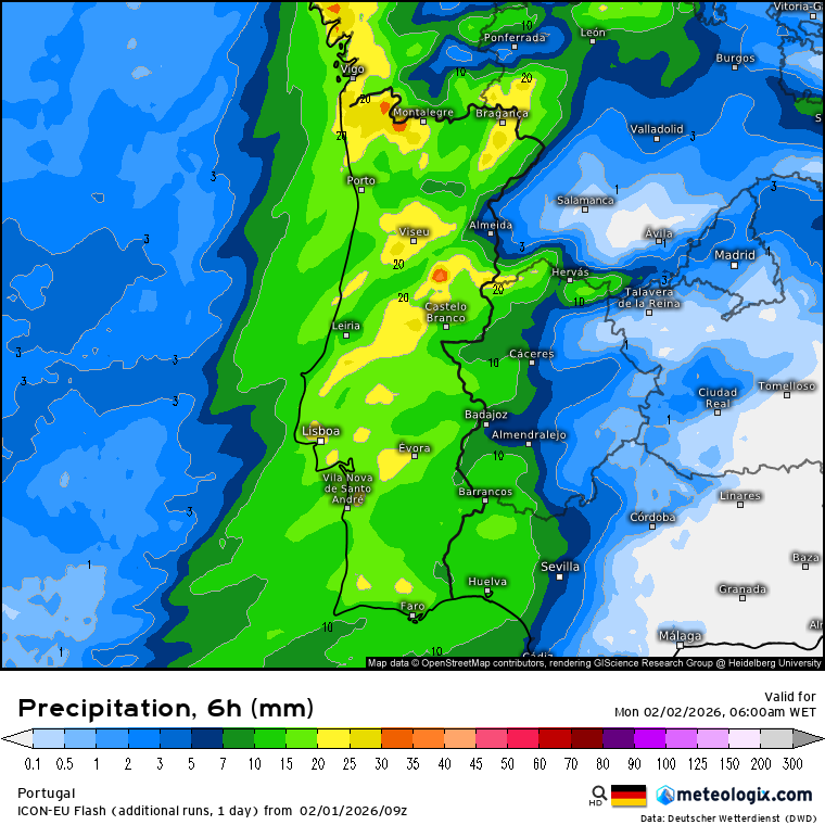 Madrugada de mau tempo em Portugal - frente fria deve trazer ventos fortes, chuva forte e trovoadas - saiba quais as regiões mais afetadas (2 de fevereiro) Chuva forte na madrugada de segunda-feira - modelo ICON-DWD, entre as 00h e as 06H