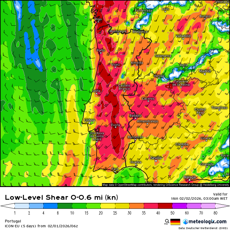 Madrugada de mau tempo em Portugal - frente fria deve trazer ventos fortes, chuva forte e trovoadas - saiba quais as regiões mais afetadas (2 de fevereiro) Valores elevados de low-level shear à passagem da frente