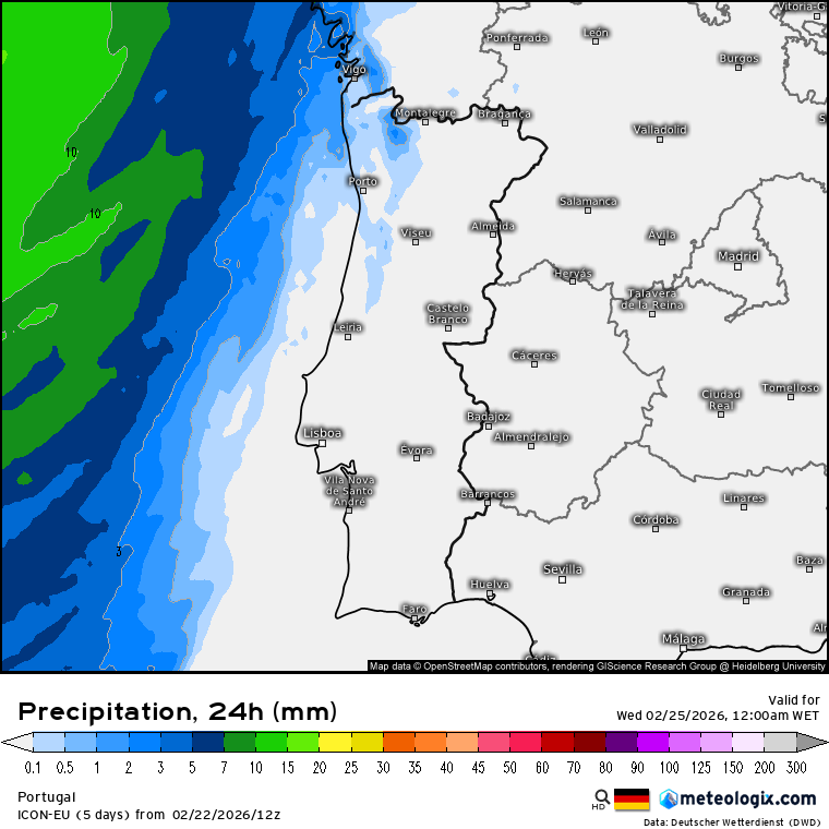 Mais nuvens e vento forte, além das poeiras - saiba como estará o tempo na terça, 24 de fevereiro de 2026 Possibilidade de aguaceiros fracos, em especial no litoral, e para o final do dia - previsão de acumulado de precipitação ICON-EU
