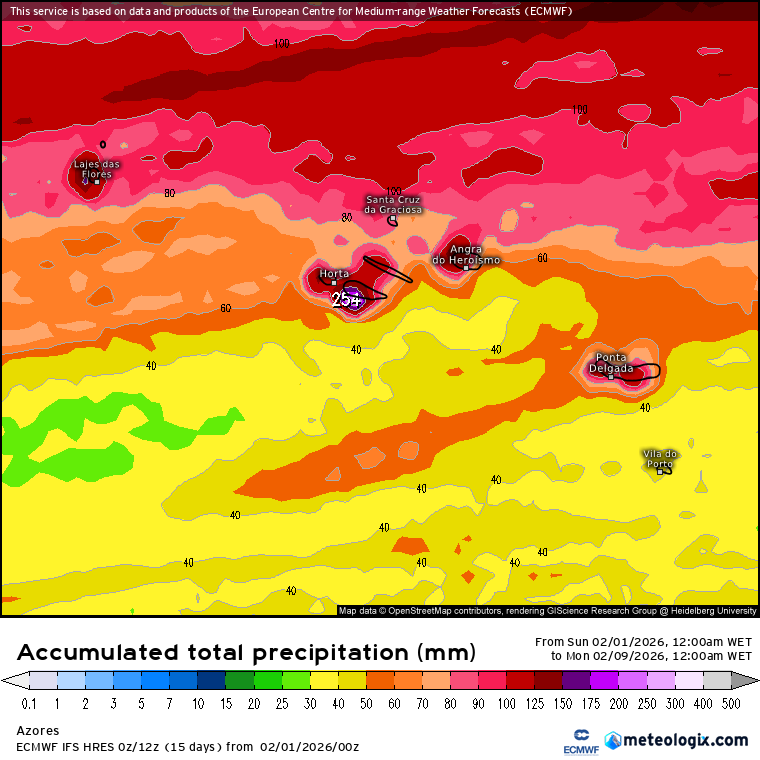 Previsão do tempo esta semana - chuvas potencialmente catastróficas, vento e trovoadas - risco extremo em Portugal entre 2 a 8 de fevereiro Precipitação acumulada nos Açores até 8 de fevereiro