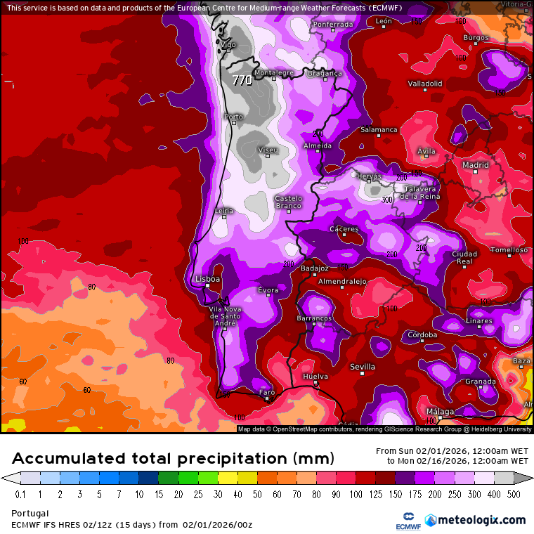 Previsão do tempo esta semana - chuvas potencialmente catastróficas, vento e trovoadas - risco extremo em Portugal entre 2 a 8 de fevereiro A última carta de previsão de precipitação até meio do mês pelo ECMWF mostra um cenário de chuvas, francamente, impressionante - esperemos que não se verifique!