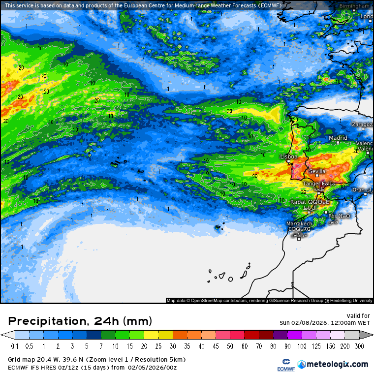 Precipitação total prevista pelo modelo ECMWF para este sábado