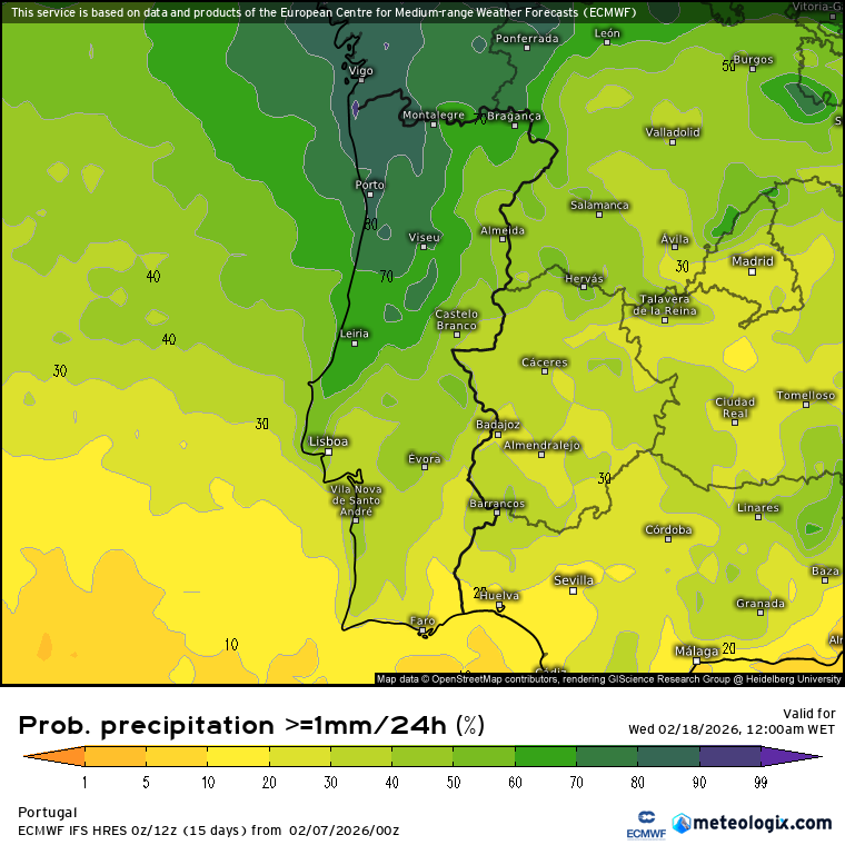 Como poderá ser o tempo no Carnaval em Portugal? Conheça as mais recentes tendências da previsão meteorológica Tempo no Carnaval - probabilidade de precipitação segundo o ECMWF