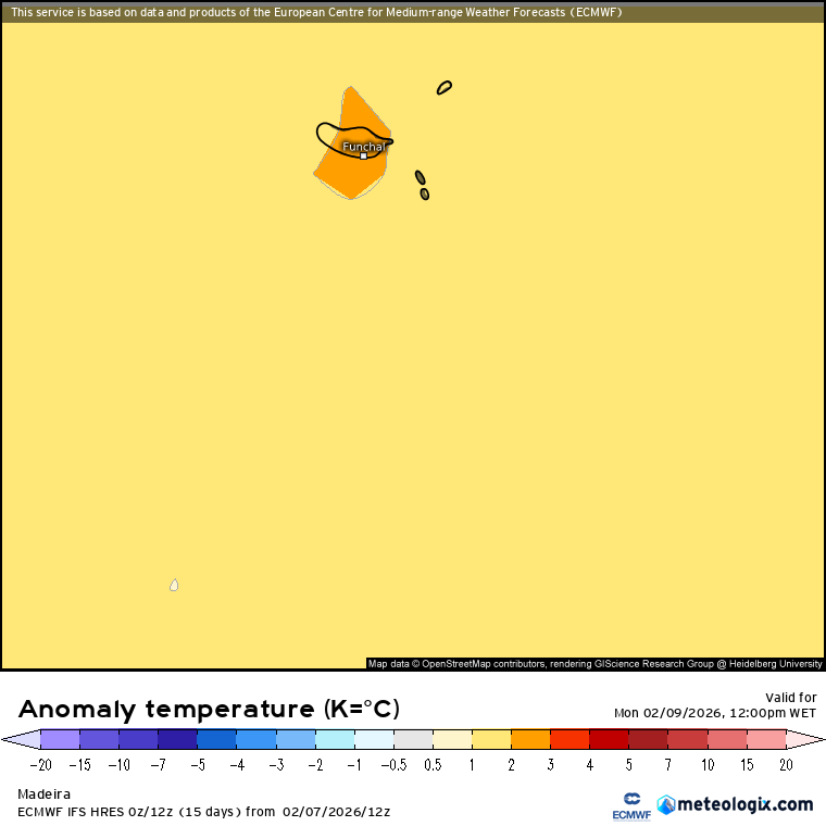 Subida das temperaturas, e ar muito húmido a iniciar a semana - saiba a previsão do tempo na segunda, 9 de fevereiro de 2026 Temperaturas acima da média segundo previsões ECMWF para segunda-feira na Madeira
