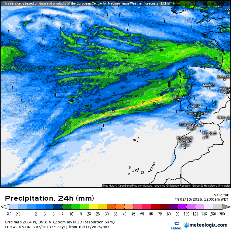 Precipitação total na quinta - previsão ECMWF