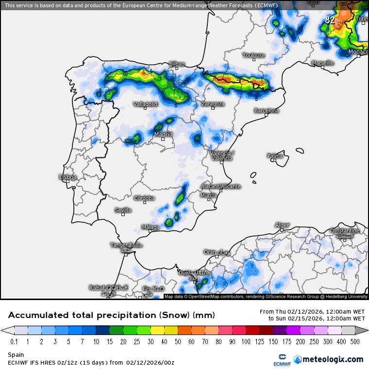 Neve acumulada na Península Ibérica até final do dia de sábado
