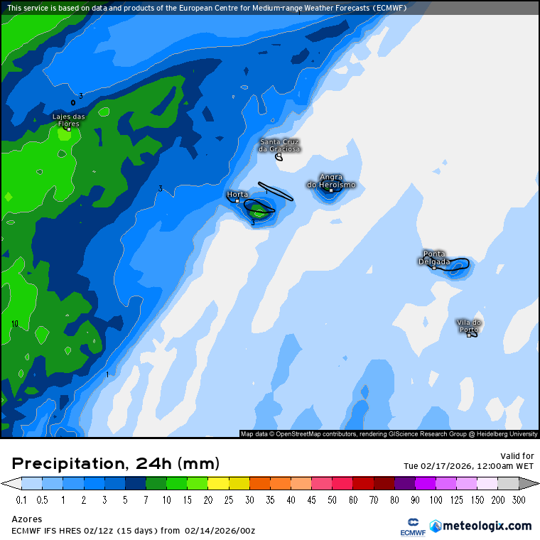 Precipitação total no arquipélago dos Açores - previsão ECMWF