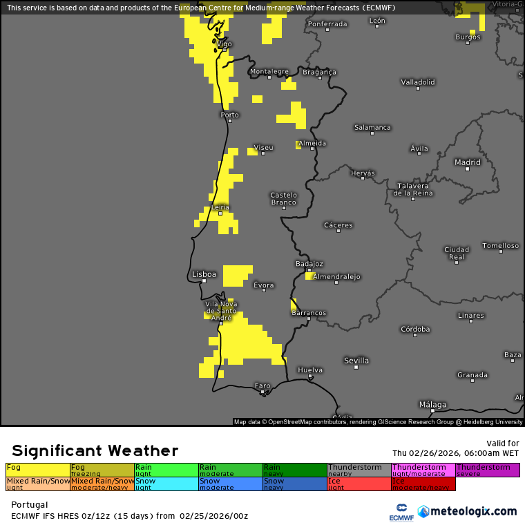 Previsão de nevoeiros (a amarelo) pelo modelo ECMWF para a manhã desta quinta-feira