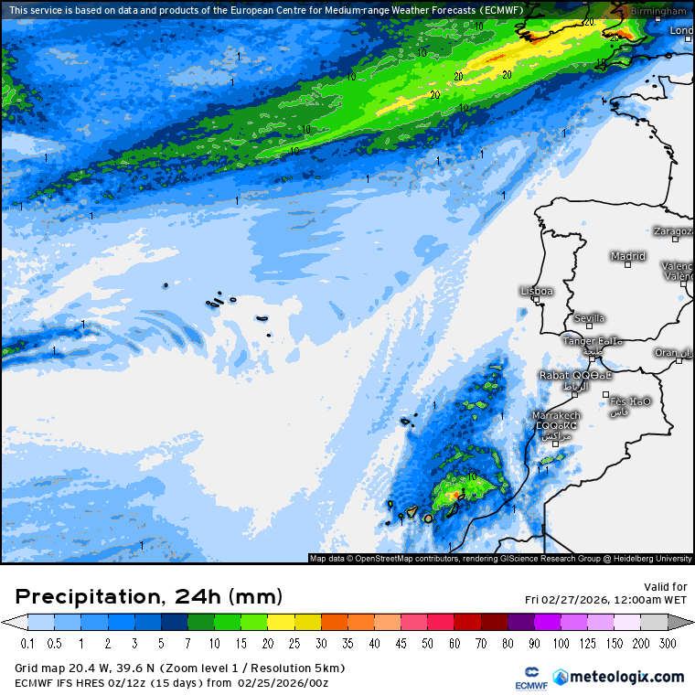 Precipitação total prevista para esta quinta-feira - ECMWF