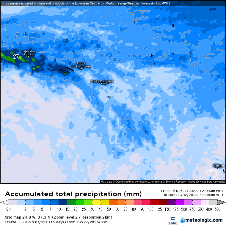 Tempo no fim-de-semana - precipitação prevista para os arquipélagos - ECMWF