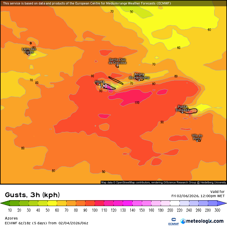 Trovoadas e forte nevão, com uma massa de ar polar a caminho (mais uma) - saiba a previsão do tempo na sexta, 6 de fevereiro Vento forte - rajadas previstas pelo ECMWF-IFS para sexta-feira nos Açores