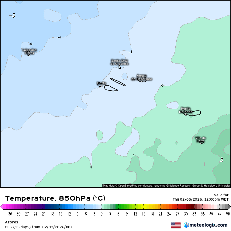 Tempo na quinta, 5 de fevereiro - Rio atmosférico, vento forte e ondas gigantes - pico da depressão Leonardo em Portugal, com risco extremo de cheias Frio em altitude sobre o arquipélago, podendo levar neve ao pontos mais altos, principalmente na Ilha das Flores e Pico