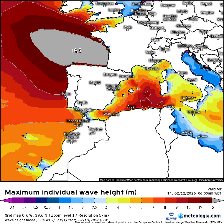Ondas gigantes em Espanha e França, associadas a este ciclone