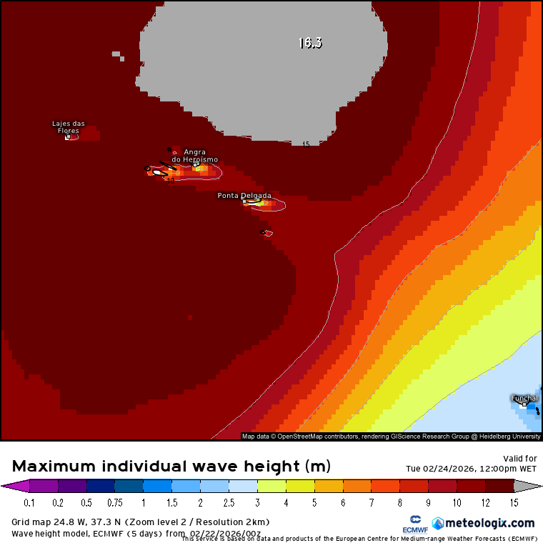 Mais nuvens e vento forte, além das poeiras - saiba como estará o tempo na terça, 24 de fevereiro de 2026 As ondas continuam acima de 10 metros no arquipélago dos Açores nesta terça-feira