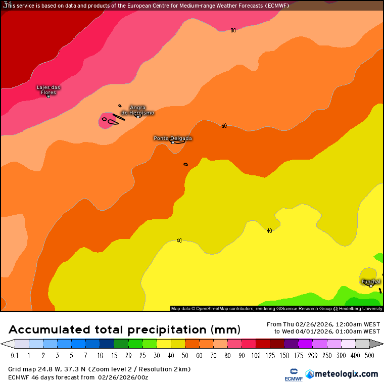 Tempo em Março - Potencialmente instável, e com fluxos Atlânticos ativos - a Primavera vai ter de esperar? Saiba a nossa previsão! Vale o que vale, mas as previsões ECMWF mostram chuva dentro\abaixo do normal nas Ilhas em Março - devido ao fluxo Atlântico mais a Norte - sujeito a mudanças
