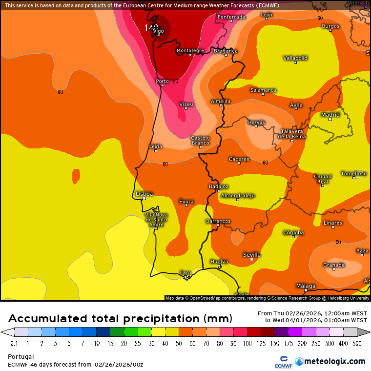 Tempo em Março - Potencialmente instável, e com fluxos Atlânticos ativos - a Primavera vai ter de esperar? Saiba a nossa previsão! Tempo em Março - previsão de chuva acumulada segundo o modelo ECMWF ao longo de março
