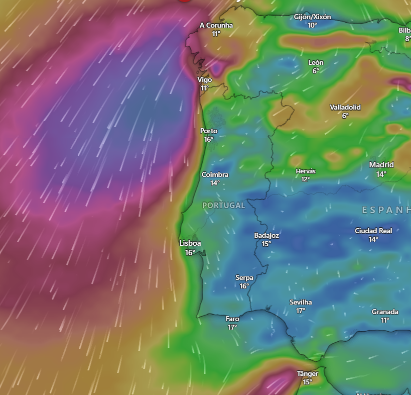 Massa de ar polar invade a Europa, e o anticiclone expande para o Golfo da Biscaia - alta pressão influencia Portugal - saiba como estará o tempo na quarta, 25 de março de 2026 O vento aumenta principalmente de NORDESTE no litoral e terras altas a partir da tarde desta quarta-feira - informação via Windy\ICON