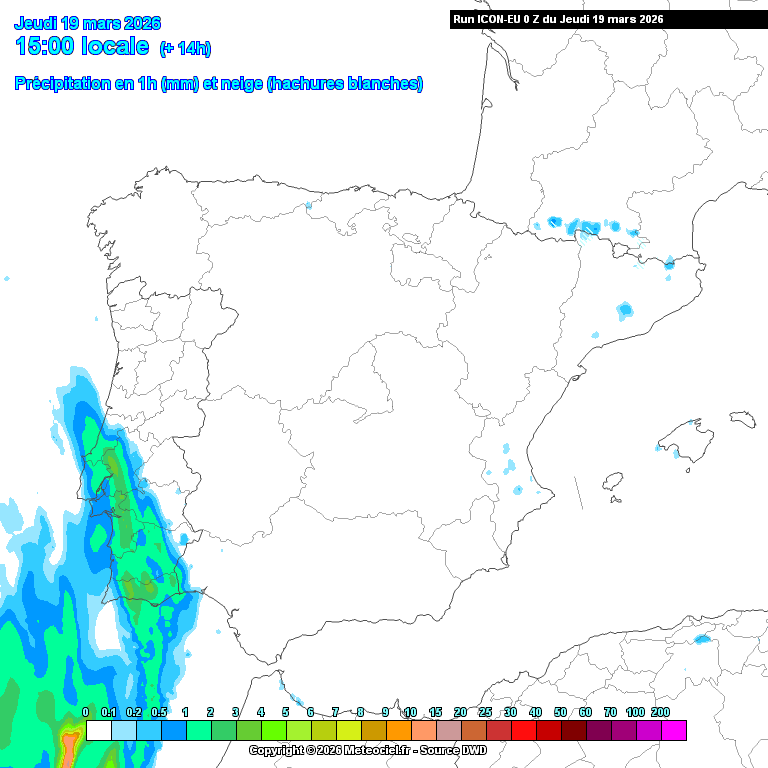 Mau tempo na Madeira no final do dia - chuva torrencial e ventos muito fortes - agravamento também no Continente - atualização "Therese" - 19-20 de março Precipitação prevista entre a tarde de quinta e a manhã de sexta - ICON-DWD