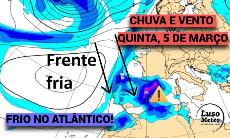 Frente fria afeta Portugal com chuva e vento forte, enquanto o leste de Espanha pode ser atingido por chuva “diluviana” – saiba como estará o tempo na quinta, 5 de março! Frente fria afeta Portugal com chuva e vento forte, enquanto o leste de Espanha pode ser atingido por chuva "diluviana" - saiba como estará o tempo na quinta, 5 de março!