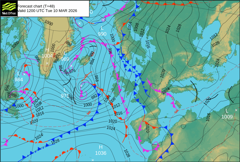 Análise frontal completa (MetOffice) - o anticiclone é evidente, mas a depressão no Interior da Península causa forte instabilidade