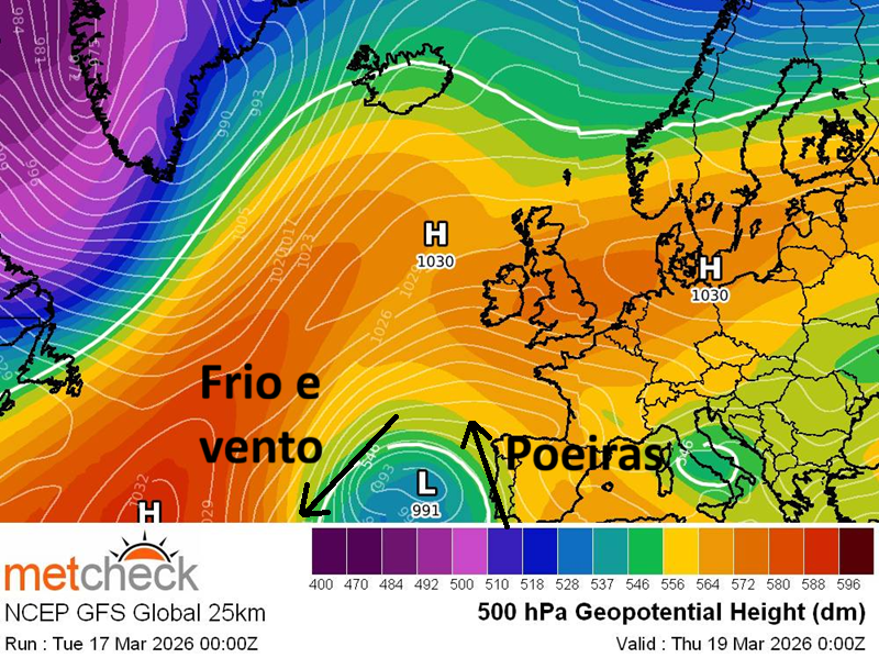 Frio intenso nos Açores, e neve em locais pouco comuns... e poeiras em Portugal Continental - depressão Therese tem muitas caras (17-18 de março de 2026) Fluxos diferentes nos diferentes quadrantes da depressão Therese