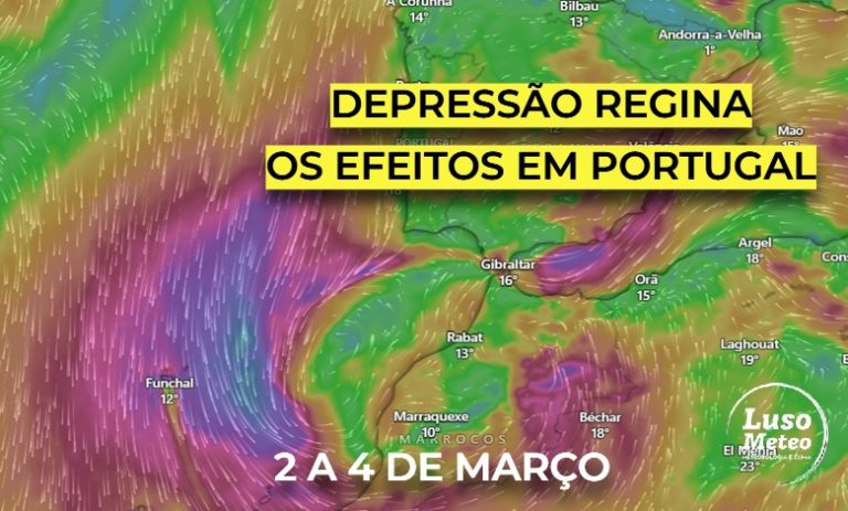 Depressão Regina – ventos até 130km/h na Madeira, aguaceiros e poeiras no Continente e em Espanha – os detalhes da previsão de 2 a 4 de março Depressão Regina - ventos até 130km/h na Madeira, aguaceiros e poeiras no Continente e em Espanha - os detalhes da previsão de 2 a 4 de março