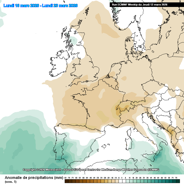 Período mais chuvoso sobre a Europa Ocidental (mais a Sul) entre 18-23 de março. A confirmar (ECMWF)