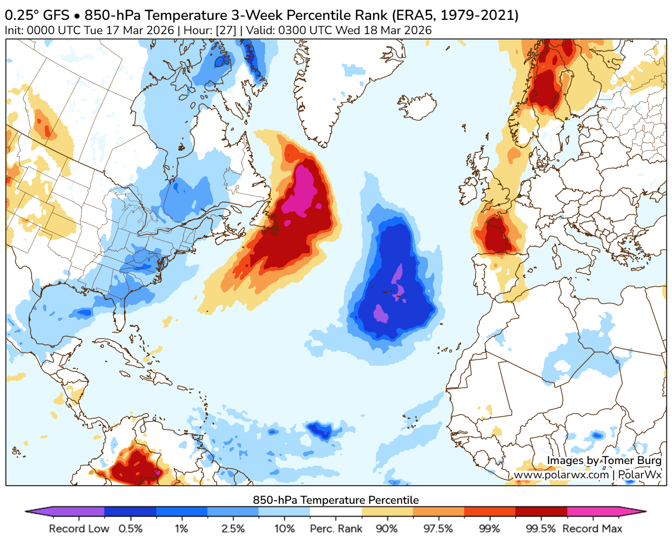 Frio intenso nos Açores, e neve em locais pouco comuns... e poeiras em Portugal Continental - depressão Therese tem muitas caras (17-18 de março de 2026) Esta massa de ar frio nos Açores é mesmo assinalada como recorde por alguns modelos de previsão para dia 18! Irá trazer neve a muitos locais do arquipélago