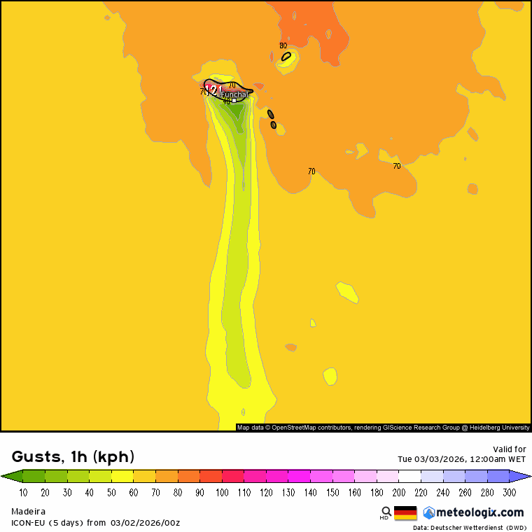 Perturbação ciclónica provoca vento muito forte na Madeira (e neve), e poeiras e subida das temperaturas no Continente - depressão Regina afeta Portugal de formas diferentes - previsão do tempo na terça, 3 de março Previsão da intensidade do vento (rajadas) ao longo do dia de terça-feira - previsão ICON-DWD