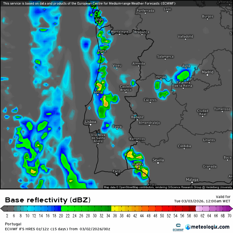 Perturbação ciclónica provoca vento muito forte na Madeira (e neve), e poeiras e subida das temperaturas no Continente - depressão Regina afeta Portugal de formas diferentes - previsão do tempo na terça, 3 de março Evolução da instabilidade - simulação da refletividade em radar - para esta terça-feira, segundo o modelo IFS-ECMWF