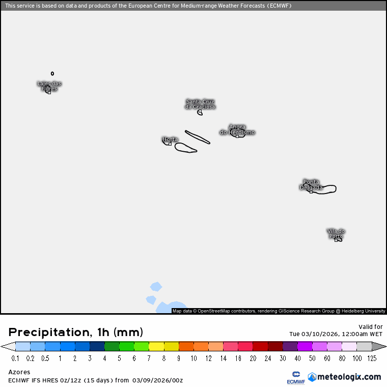 Precipitação prevista ao longo do dia nos Açores 