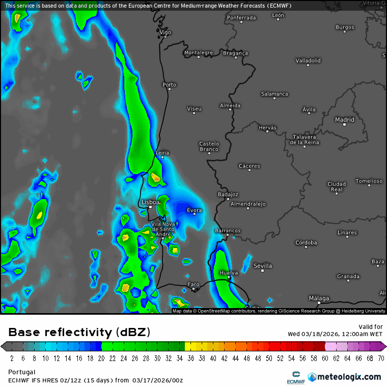 Previsão de refletividade em radar segundo o ECMWF - indicações claras de aguaceiros fortes