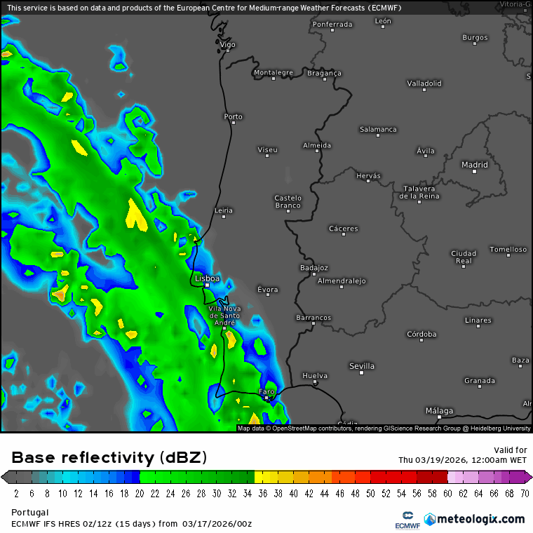 Evolução da precipitação ao longo do dia de quinta - ECMWF