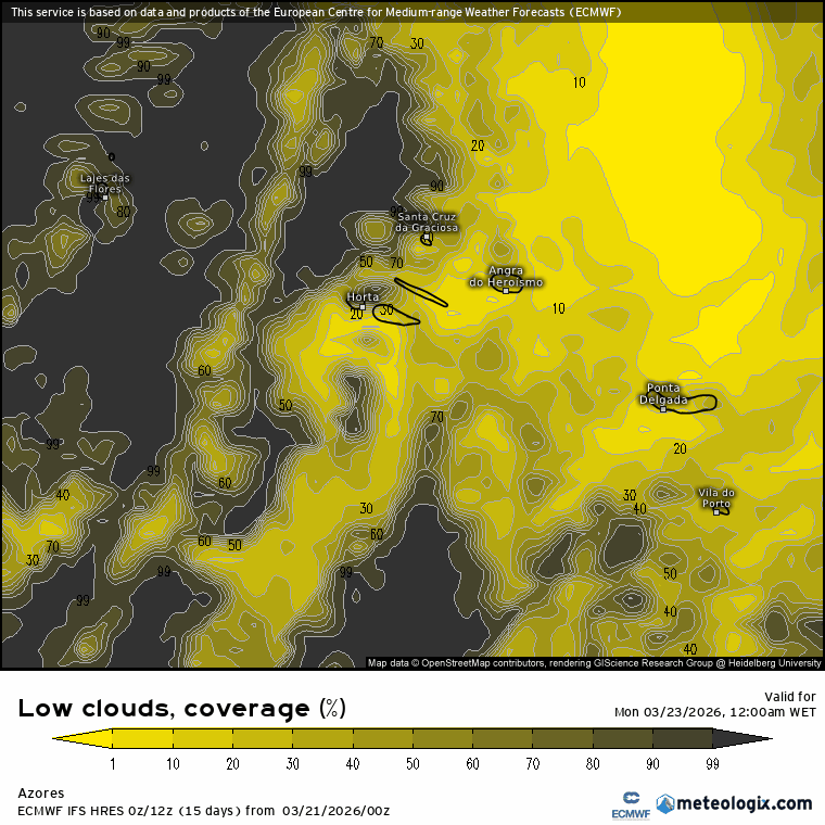 Semana começa com tempo de Primavera e tempo quentinho, depois da instabilidade e vento severo, mas... ainda há instabilidade localizada - saiba a previsão do tempo na segunda, 23 de março de 2026 Evolução de nebulosidade nos Açores na segunda-feira ao longo do dia