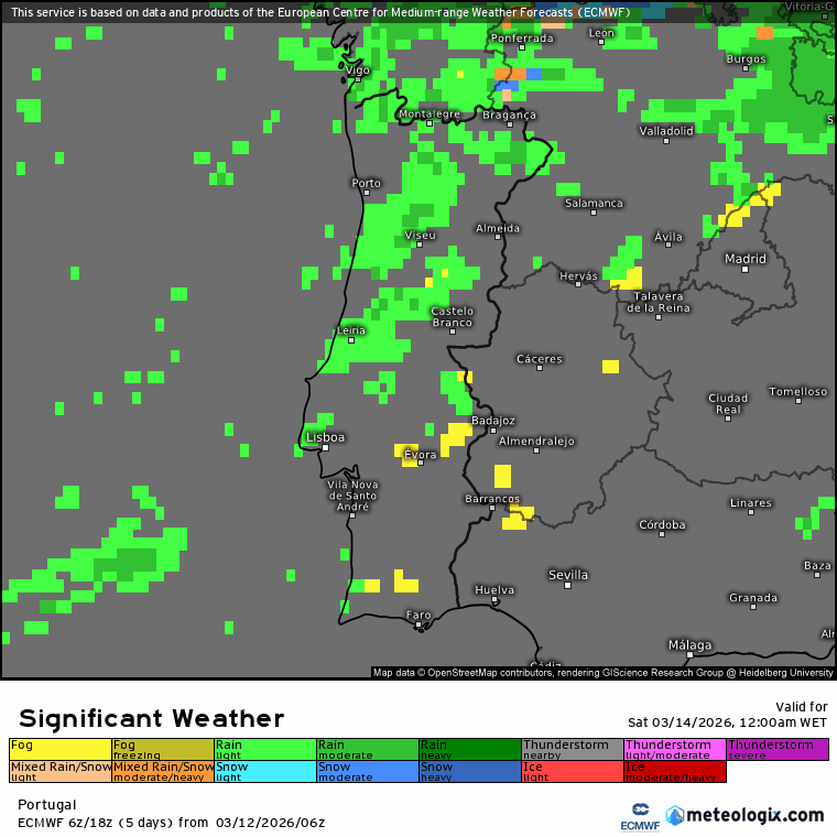 Inverno novamente - chuva de regresso, frio também - mas há uma grande mudança à espreita - o tempo no fim-de-semana, 14-15 de março (e depois...) Evolução do tempo no sábado, 14 de março - a verde (chuva) e a amarelo (nevoeiros)