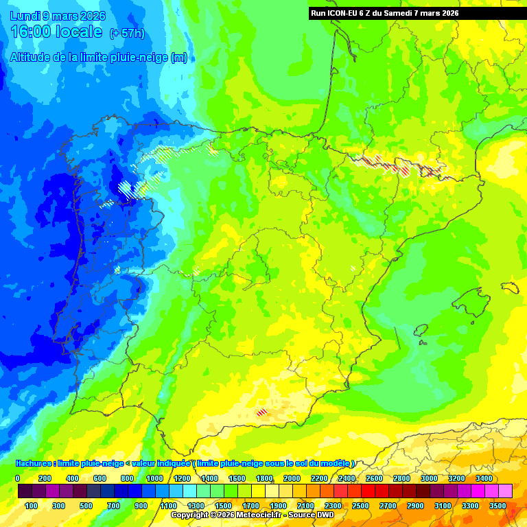 Nova frente fria, e mais chuva, vento e neve - o inverno continua sem dar tréguas - saiba como estará o tempo na segunda, 9 de março de 2026 Cota de neve abaixo dos 800-900 metros pontualmente - ICON-DWD