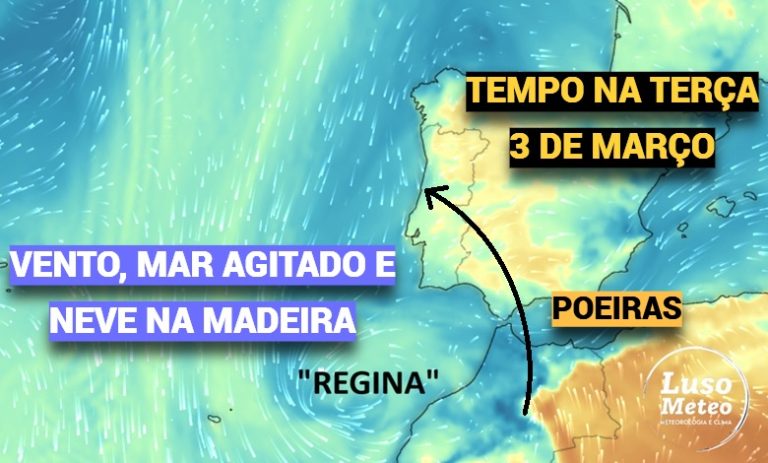 Perturbação ciclónica provoca vento muito forte na Madeira (e neve), e poeiras e subida das temperaturas no Continente – depressão Regina afeta Portugal de formas diferentes – previsão do tempo na terça, 3 de março Perturbação ciclónica provoca vento muito forte na Madeira (e neve), e poeiras e subida das temperaturas no Continente - depressão Regina afeta Portugal de formas diferentes - previsão do tempo na terça, 3 de março