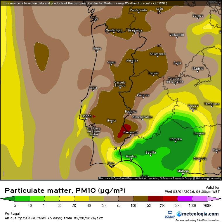 Bloqueio com instabilidade atmosférica, e poeiras de África em elevadas concentrações - mudanças para o fim-de-semana - saiba a previsão do tempo entre 2 a 8 de março PM10 por volta de 100-150 μg\m3 - 4X acima do máximo recomendado seguro para a saúde