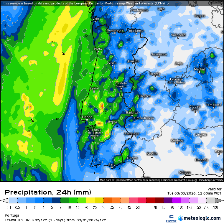 Depressão Regina - ventos até 130km/h na Madeira, aguaceiros e poeiras no Continente e em Espanha - os detalhes da previsão de 2 a 4 de março Chuva total prevista nesta segunda-feira - destaque para a região Centro do país