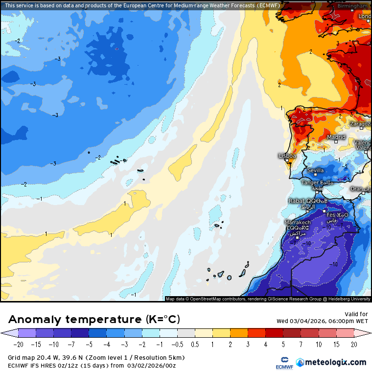 Anomalia de temperaturas nesta quarta-feira - mais quente no Norte de Portugal Continental, mais frio no Sul e Ilhas!